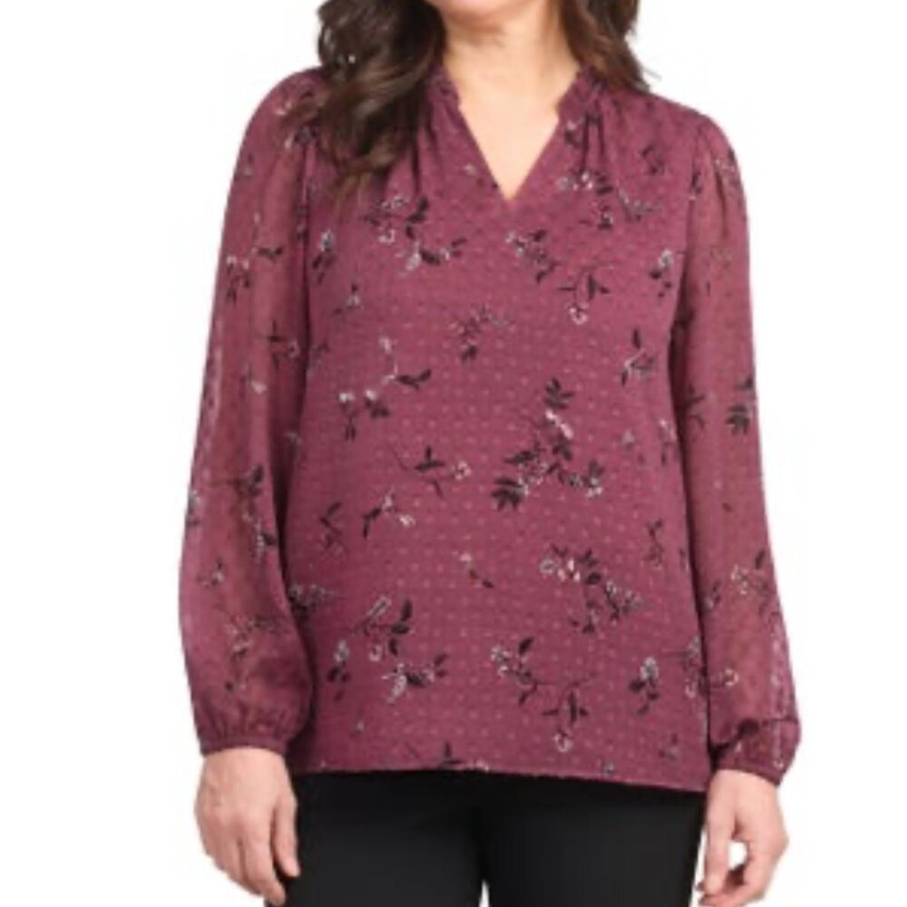 NEW!‎ Hilary Radley Floral Blouse Long Sleeve Relaxed Fit Lined XXL V-Neck Plum